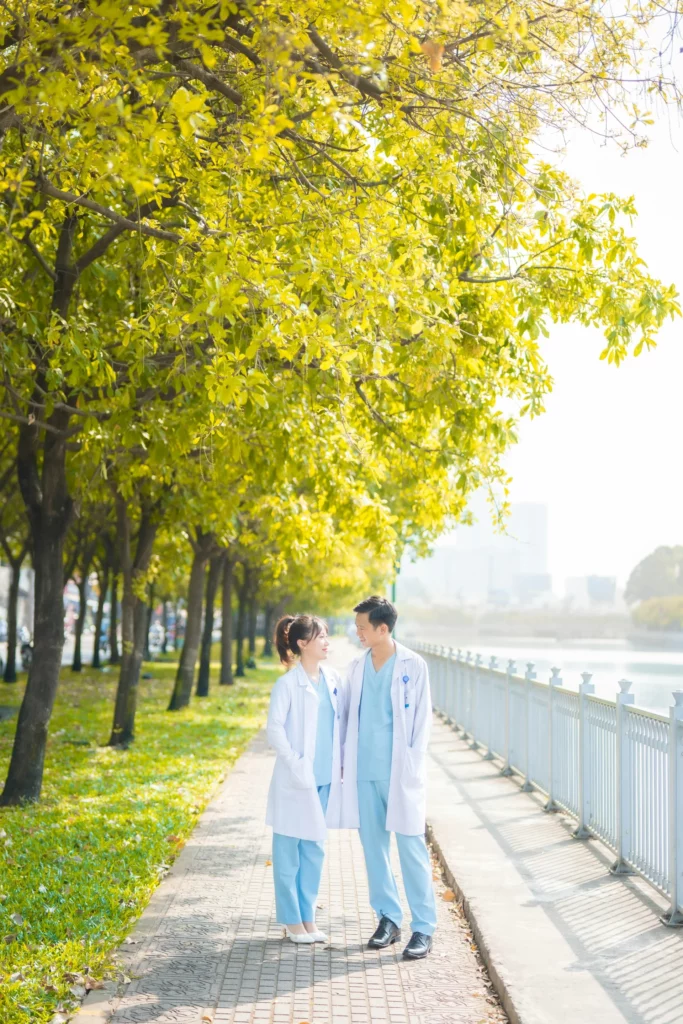 sunny park with smiling doctors