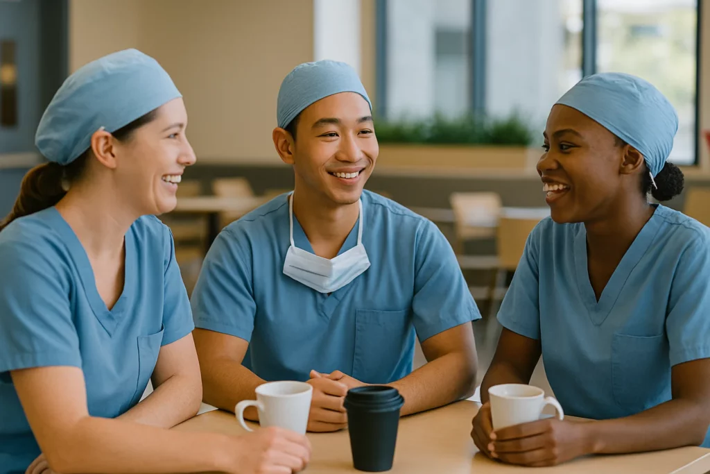 photo - a group of three or trvel nurses having lunch together in the hospital cafeteria