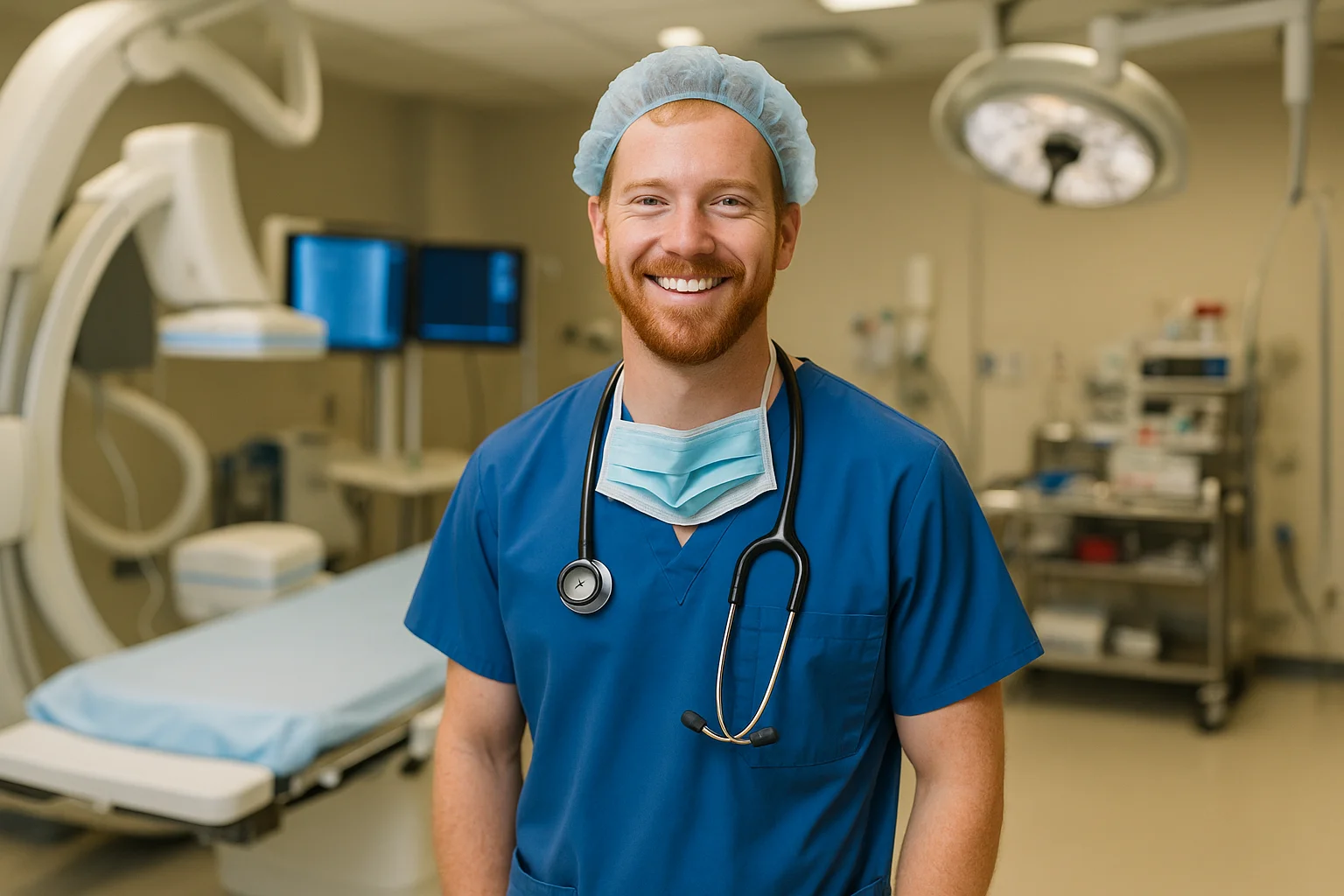 photo - a happy Travel Cath Lab RN about to start a procedure