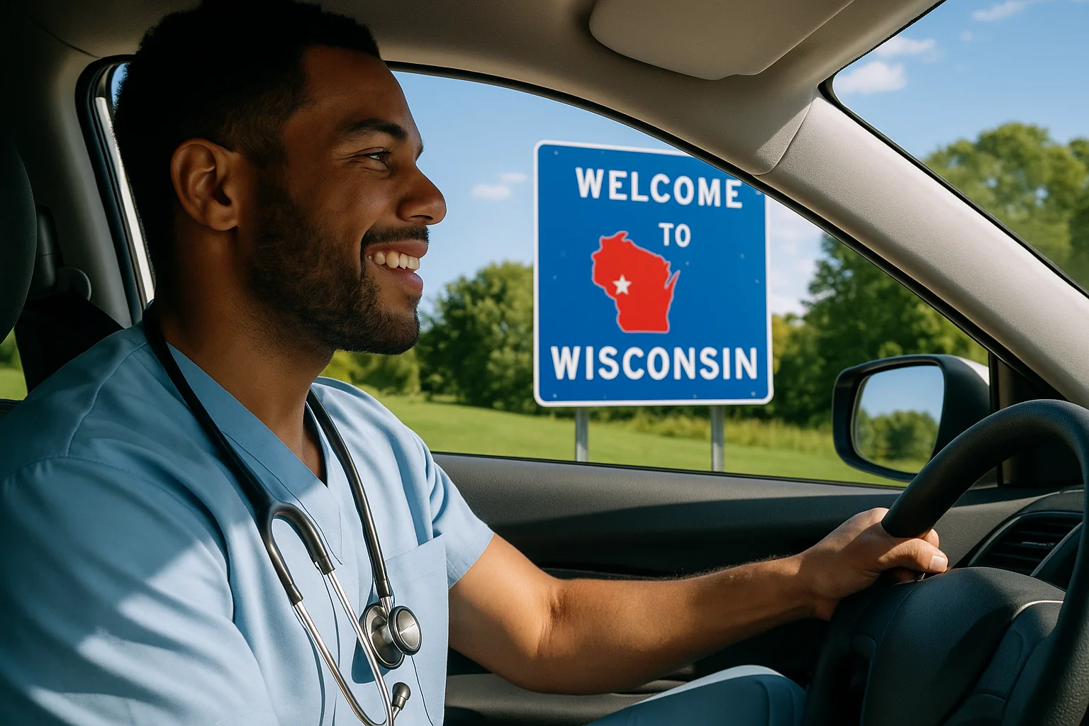 male nurse driving a car with a sign that says Wisconsin