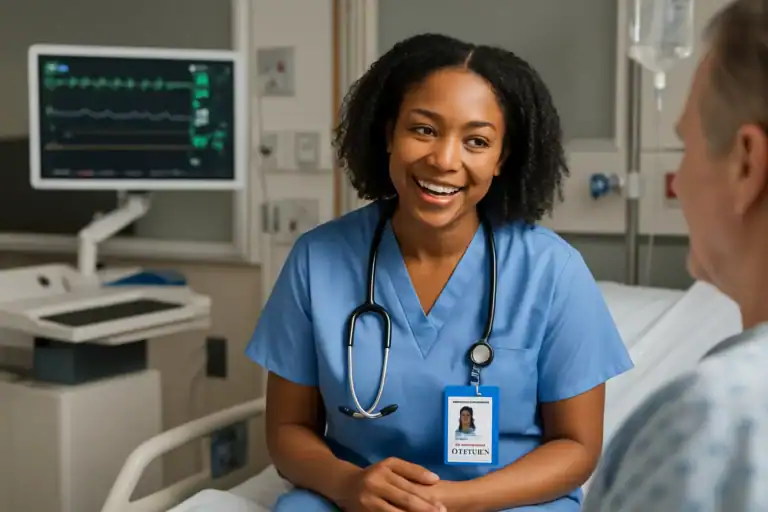 photo - a registered nurse smiling at her patient