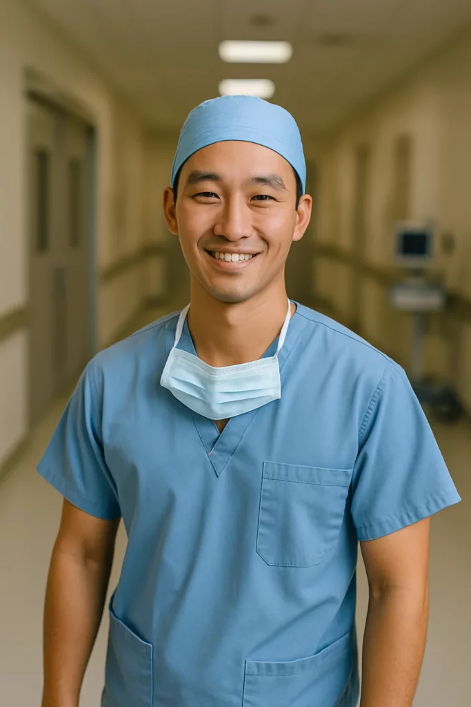 photo - a smiling male operating room travel nurse in a hospital hallway
