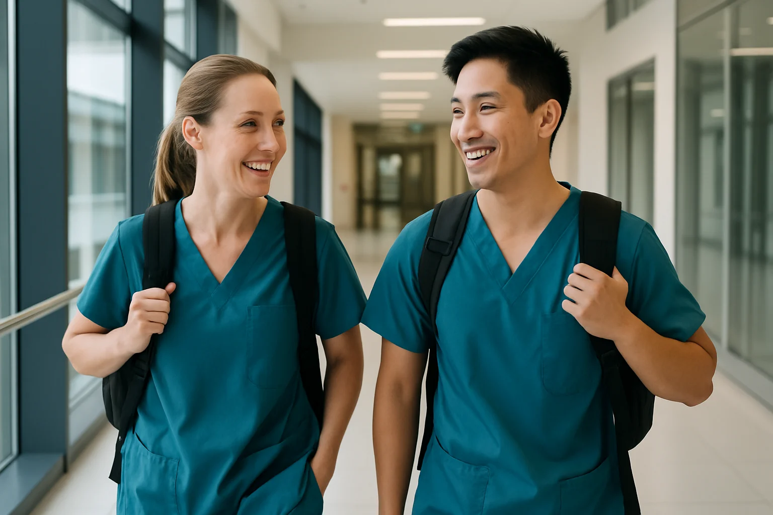 photo - two nurses discussing travel allied jobs while walking down a medical centre hallway