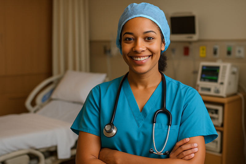 a happy labor and delivery travel nurse