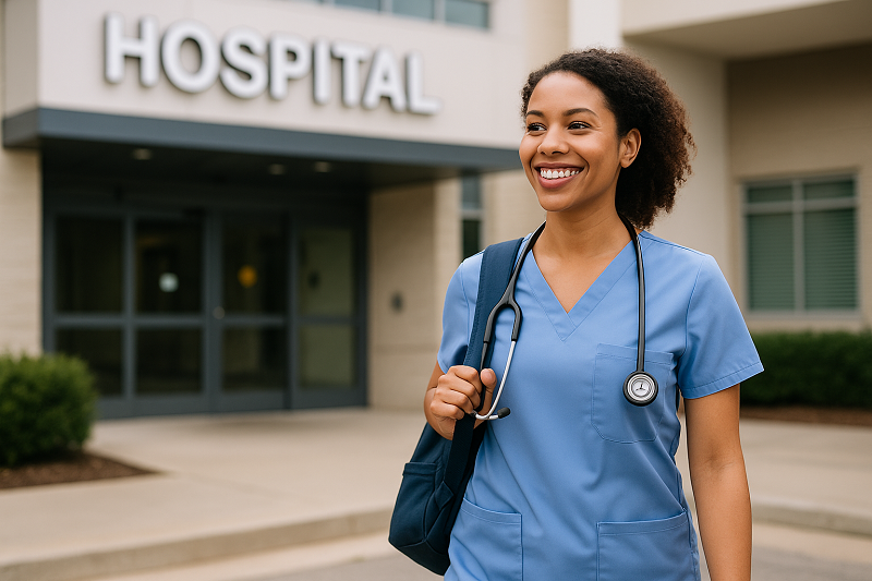 photo - a traveling nurse going home happy after her shift
